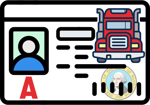 Picture a driver's license where you can see a photo of someone, but their personal details are hidden. There's a red truck icon that shows it's for driving big commercial trucks. You can also see the letter 'A' and a seal from Washington State on it. - Taylor Made Truck Driving School