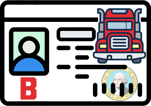 Imagine a picture of an ID card. It has a shadowy outline of someone's face, a big red truck, and the official stamp from Washington state. There's also a big red letter "B" you can see clearly. - Taylor Made Truck Driving School